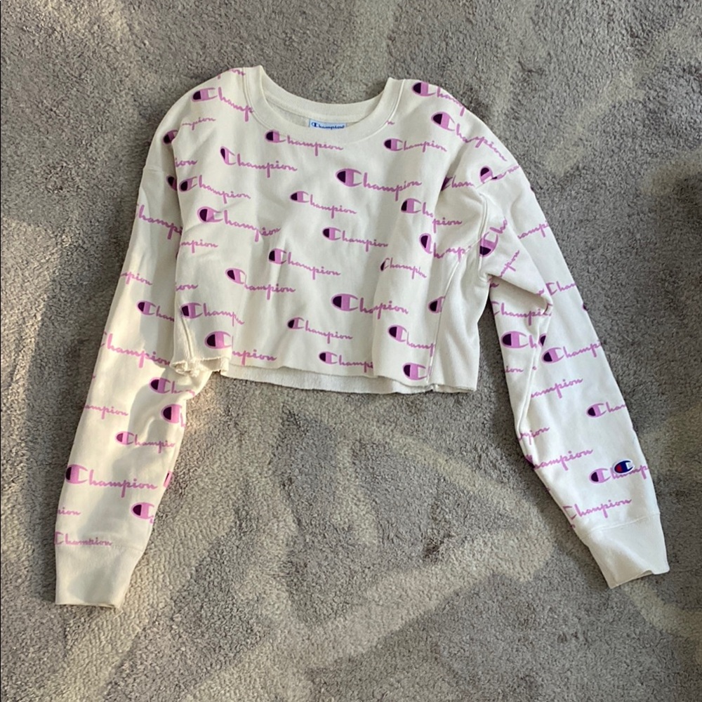 Champion White and Pink Logo Crop Sweatshirt